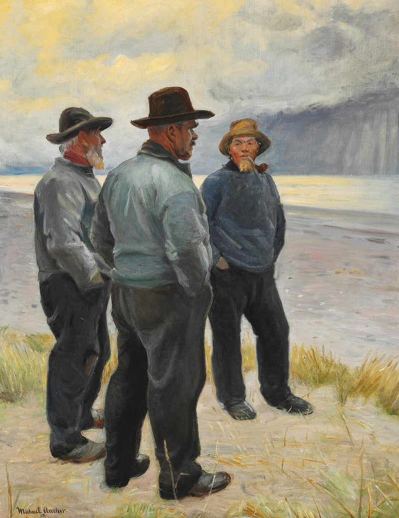 Kolme kalastajaa Skagenin rannalla. -Michael Peter Ancher