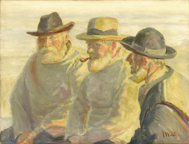 Kolme kalastajaa Skagenin rannalla. -Michael Peter Ancher