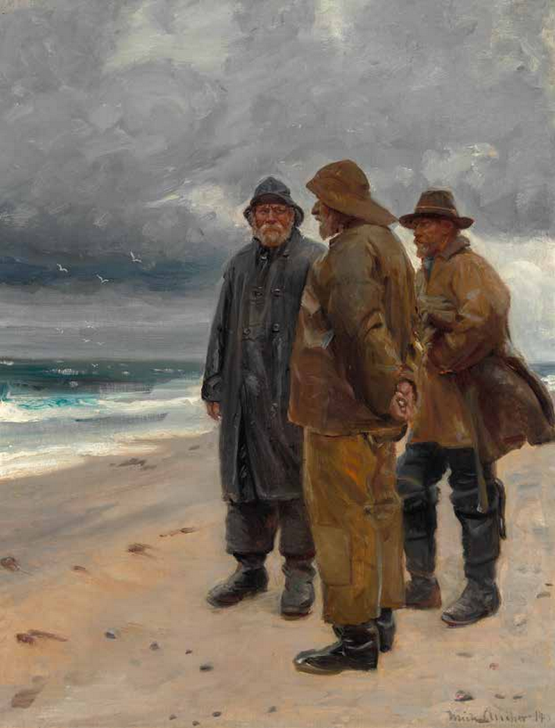 Kolme kalastajaa Skagenin rannalla pilvisenä päivänä. -Michael Peter Ancher