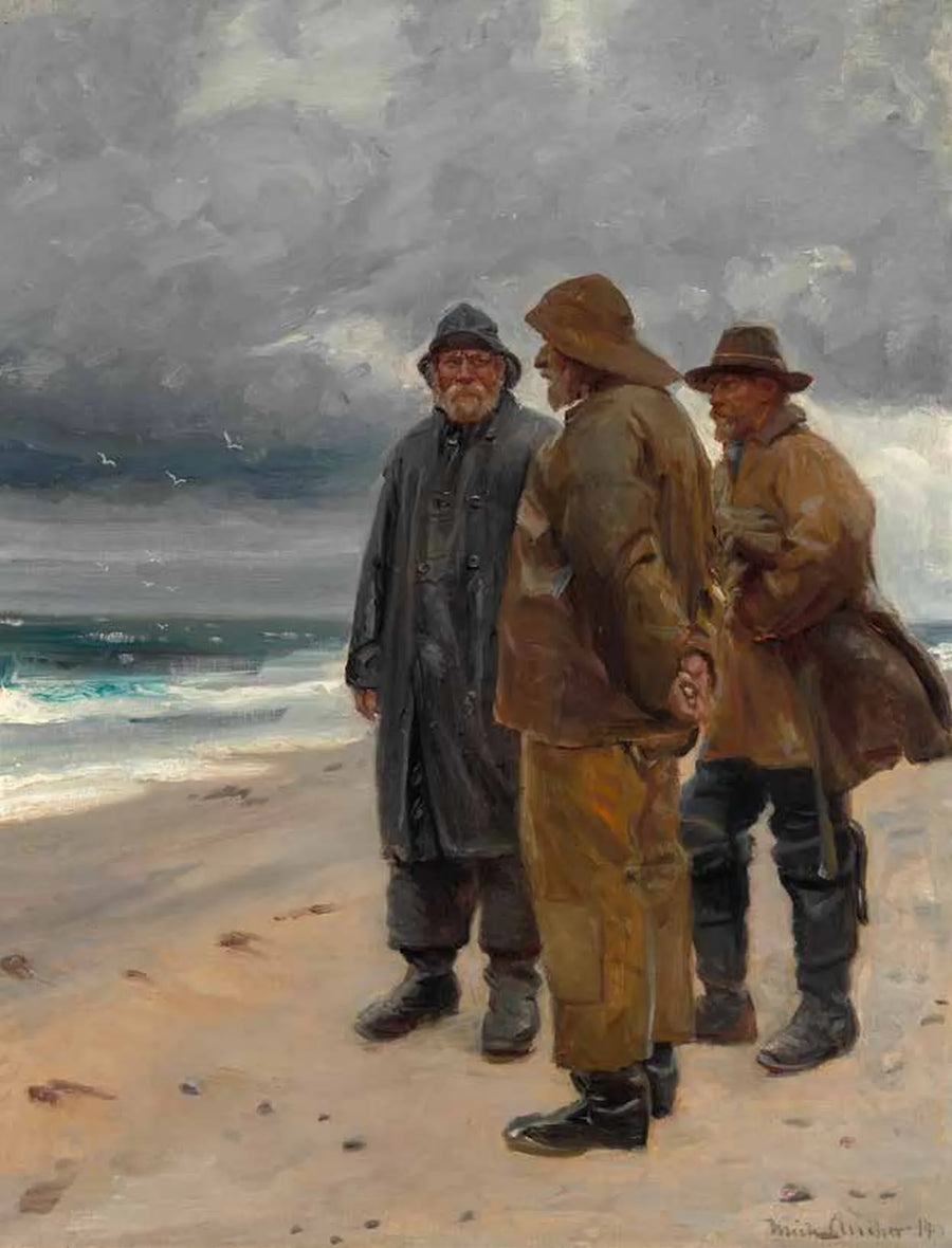 Kolme kalastajaa Skagenin rannalla pilvisenä päivänä. -Michael Peter Ancher
