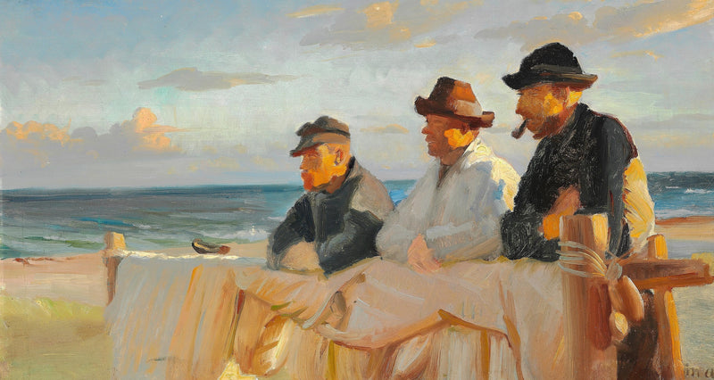 Kolme kalastajaa Skagenin rannalla auringonlaskun alla. - Michael Peter Ancher