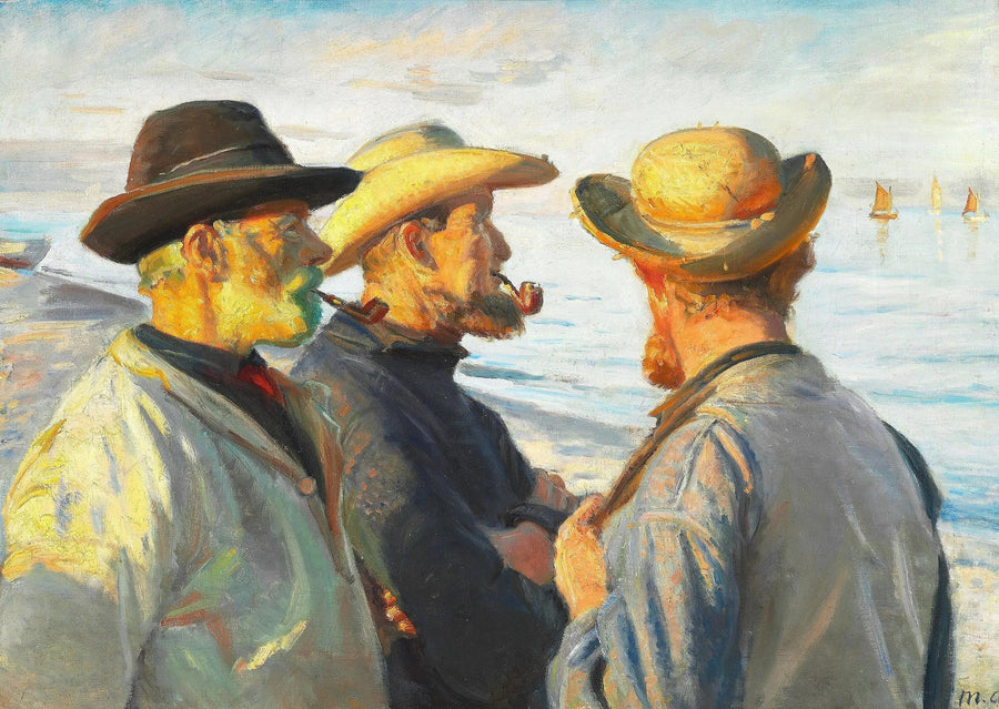 Kolme kalastajaa Skagenin rannalla auringonlaskun alla. - Michael Peter Ancher