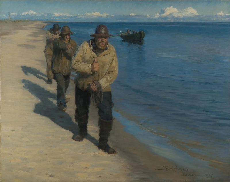 Kolme kalastajaa vetämässä venettä. - Peder Severin Krøyer