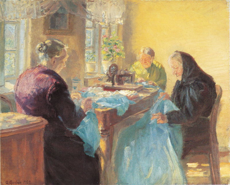 Kolme vanhaa naista ompelee sinistä mekkoa naamiaisia ​​varten. - Anna Ancher