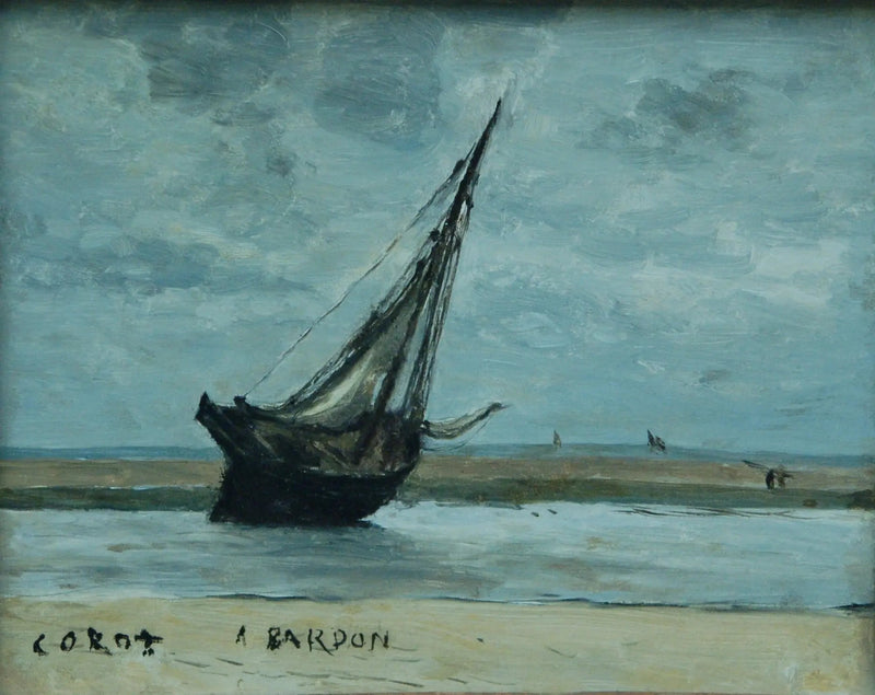 Trouville. Uppotukittu vene, nimeltään matalassa vedessä kalastusalus - Jean-Baptiste Camille Corot