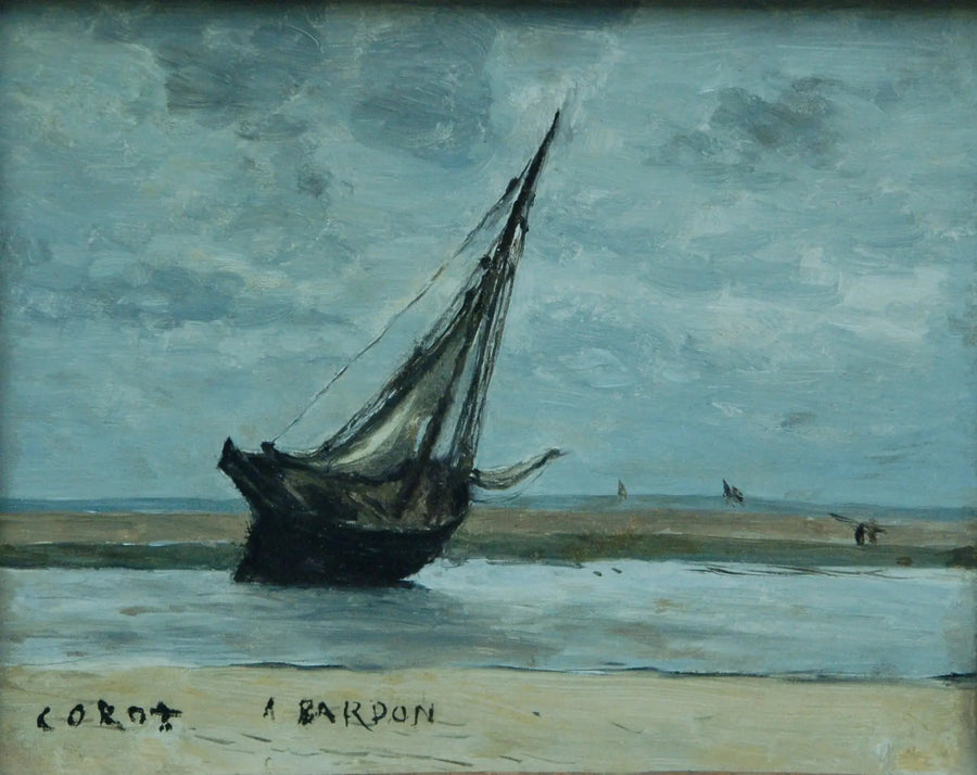 Trouville. Uppotukittu vene, nimeltään matalassa vedessä kalastusalus - Jean-Baptiste Camille Corot