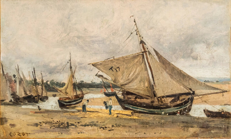 Trouville, kalastusalukset karille ajautuneina kanavassa - Jean-Baptiste Camille Corot