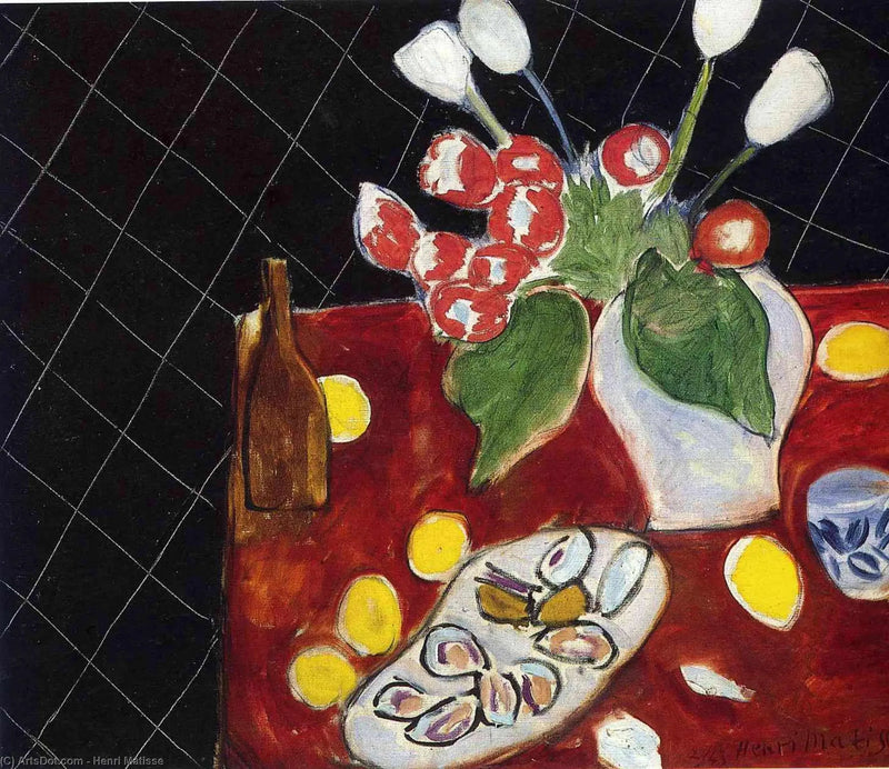Tulppaanit ja osterit mustalla taustalla - Henri Matisse