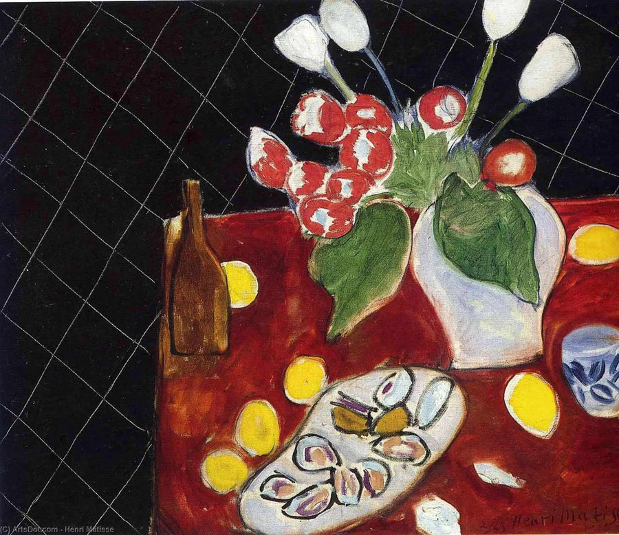 Tulppaanit ja osterit mustalla taustalla - Henri Matisse