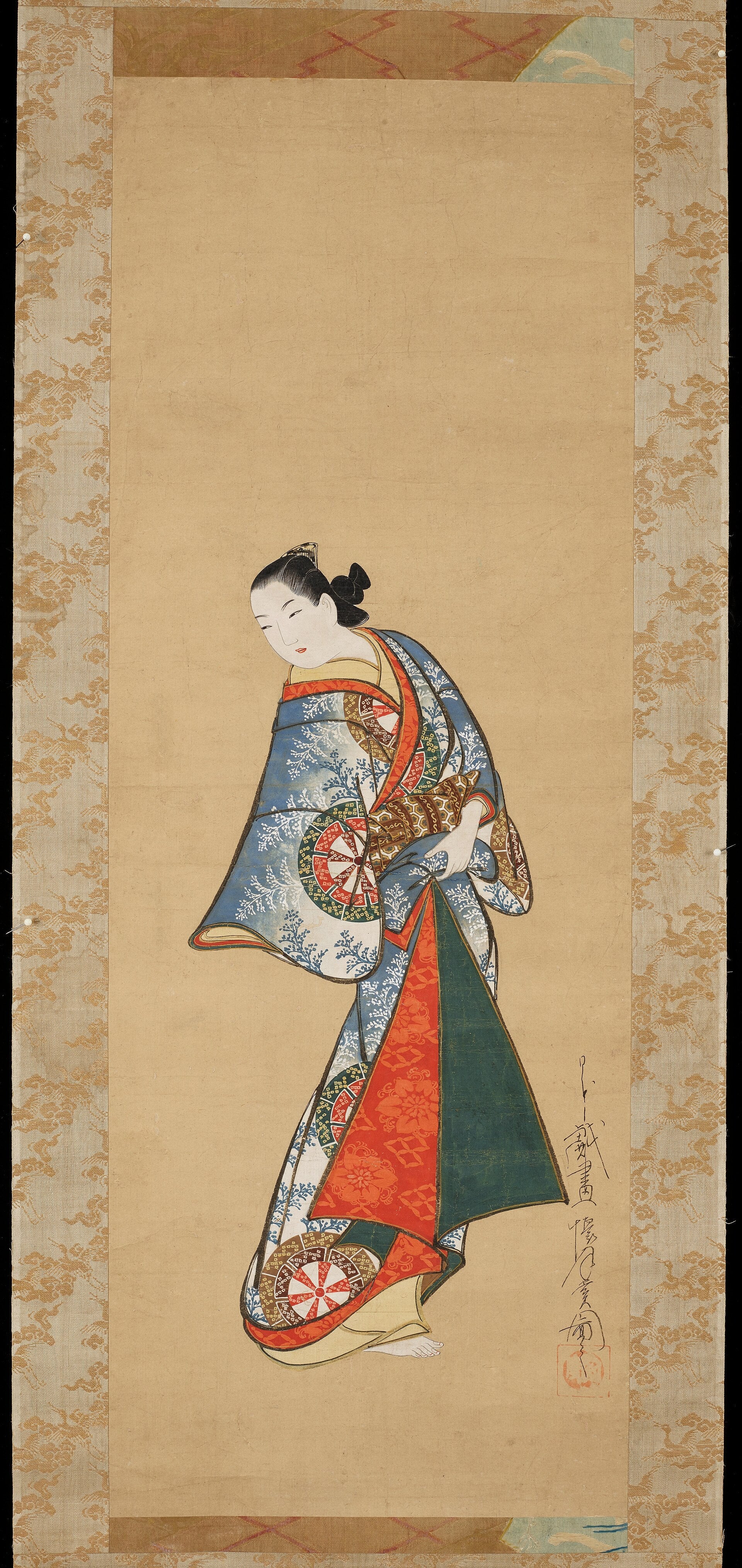 Courtisane debout au kimono de fougères, œuvre de Kaigetsudō Ando