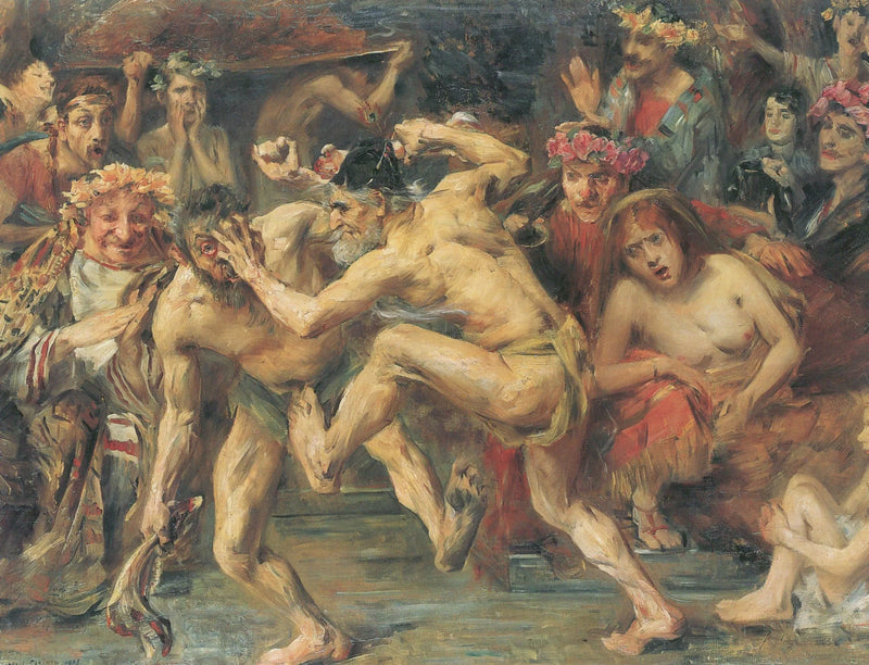 Odysseus taistelee kerjäläistä vastaan. Odysseian inspiroima kohtaus (Odysseuksen ja Iroksen välinen taistelu). - Lovis Corinth