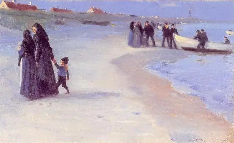 Valkoinen vene rannalla. Pehmeä kesäilta. - Peder Severin Krøyer