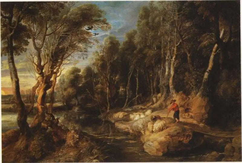Laulava paimen ja hänen laumansa metsäisessä maisemassa - Peter Paul Rubens