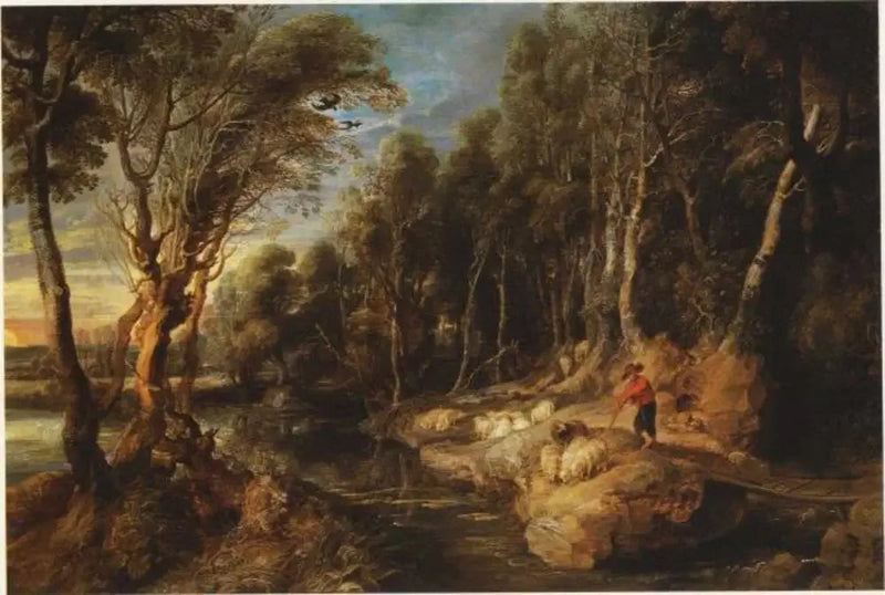 Laulava paimen ja hänen laumansa metsäisessä maisemassa - Peter Paul Rubens