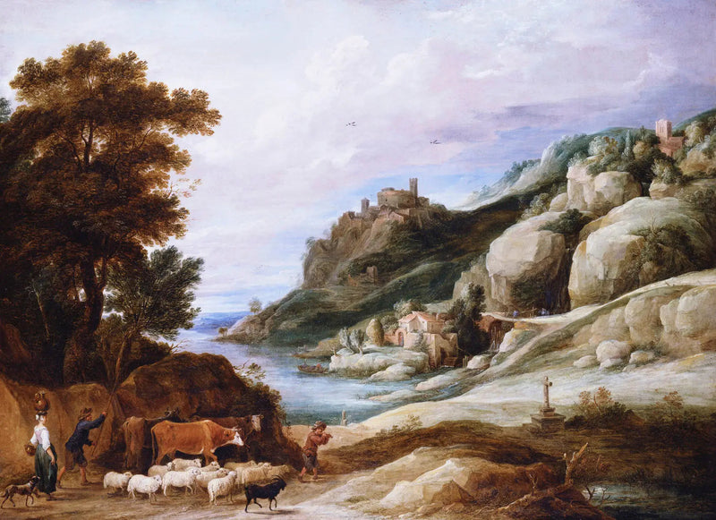 Laulava paimen ja hänen laumansa vuoristomaisemassa - David Teniers nuorempi