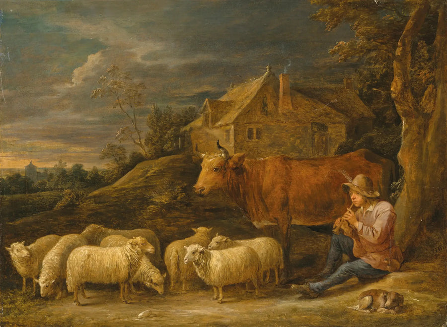 Laulava paimen soittamassa huilua laumalleen - David Teniers nuorempi