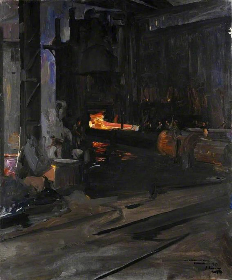 Laivaston tykki hydraulipuristimessa: Elswick Works, Newcastle upon Tyne - John Lavery