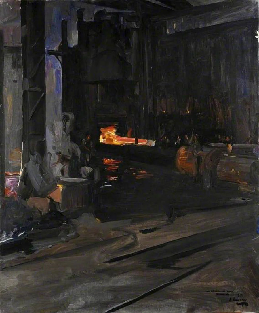 Laivaston tykki hydraulipuristimessa: Elswick Works, Newcastle upon Tyne - John Lavery