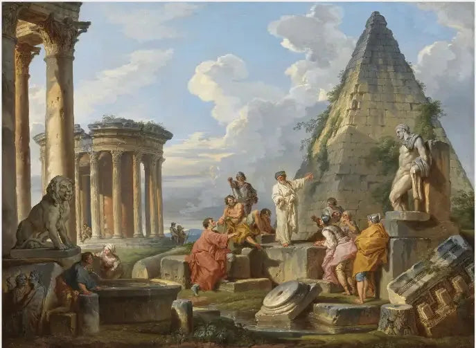 Caprice avec Saint Paul prêchant aux Romains, avec le temple de Vesta et la pyramide de Caius Cestius - Giovanni Paolo Panini