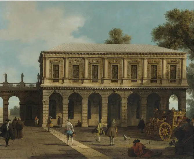 San Marcon vankilojen capriccio, sijaitsee aukiolla, jossa on vaunu ja kaupungin asukkaita - Canaletto