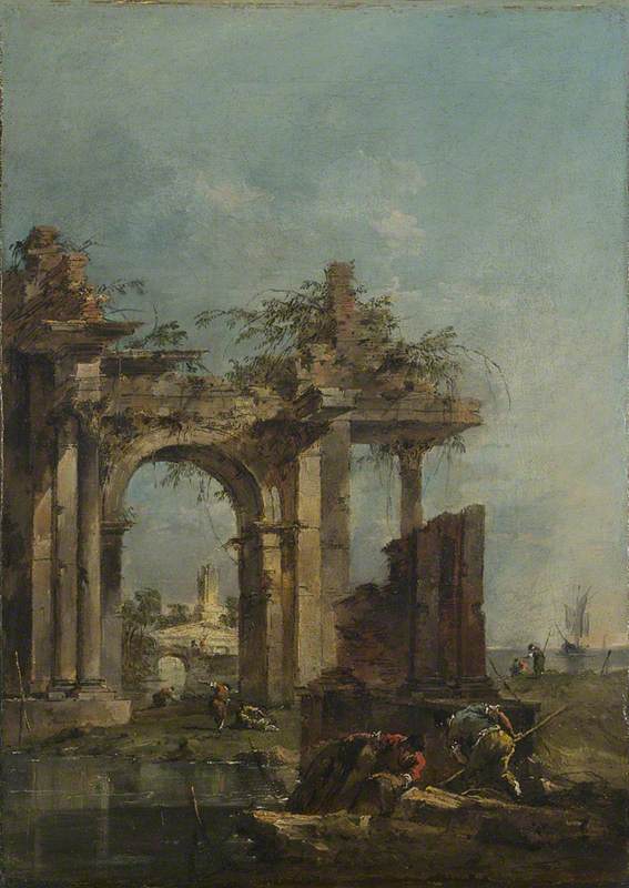 Huvittelu raunioiden kanssa meren rannalla - Francesco Guardi