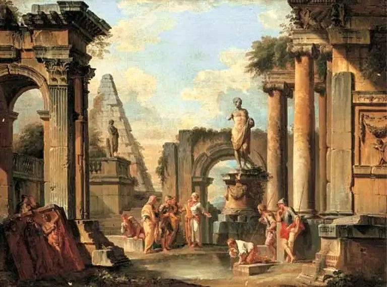 Klassinen raunioiden mielijohde, jossa Diogene heittää maljaansa. - Giovanni Paolo Panini