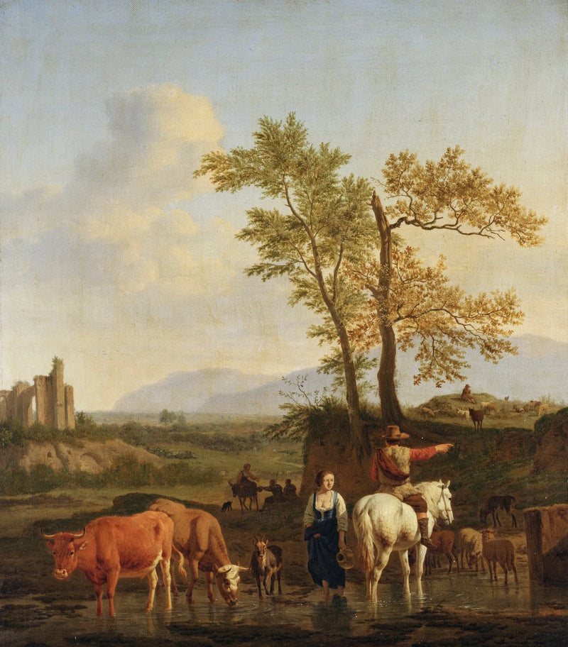 Un cavalier à un gué, demandant son chemin à une bergère, dans un paysage à l'italienne - Adriaen van de Velde
