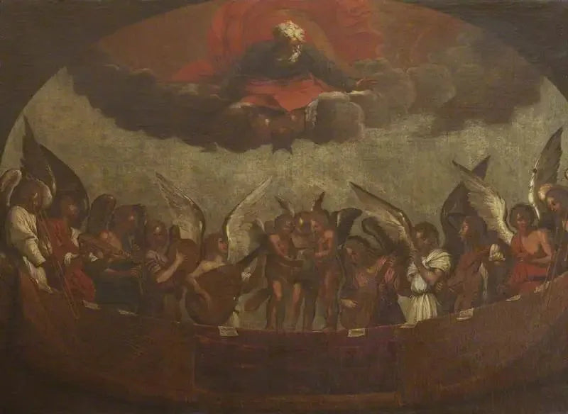 Enkelikuoro laulaa ja soittaa musiikkia Jumalan Isän kanssa yläpuolella - Guido Reni
