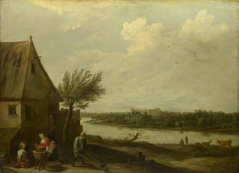 Huvila joen rannalla kaukaisen näkymän kanssa linnasta - David Teniers nuorempi