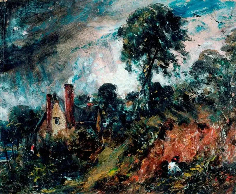 Huvila puiden keskellä hiekkarannalla - John Constable