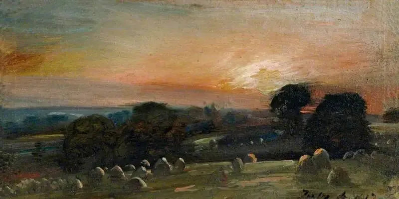 Heinäpelto lähellä East Bergholtia auringonlaskun aikaan - John Constable