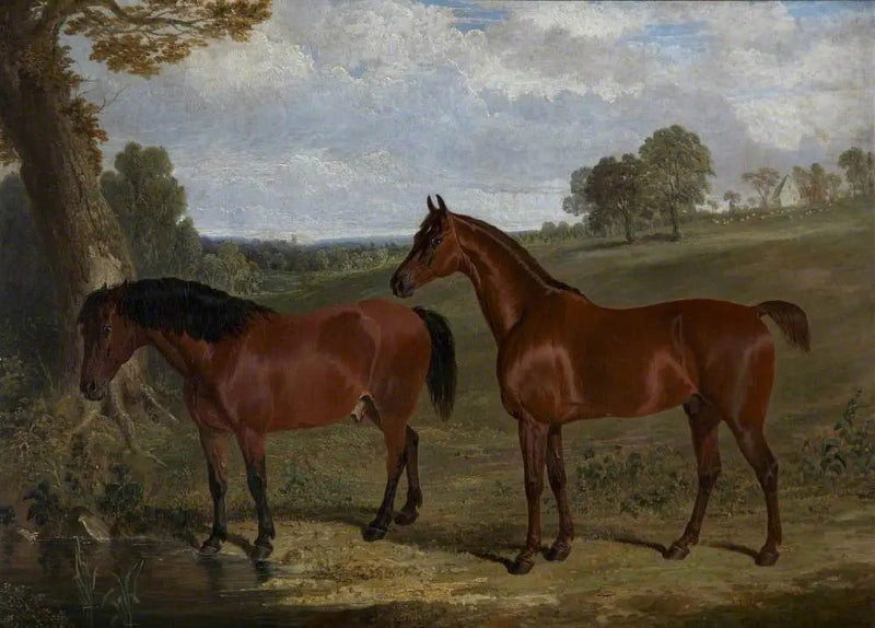 Valkoinen hevonen ja poni maisemassa - John Frederick Herring, Sr.