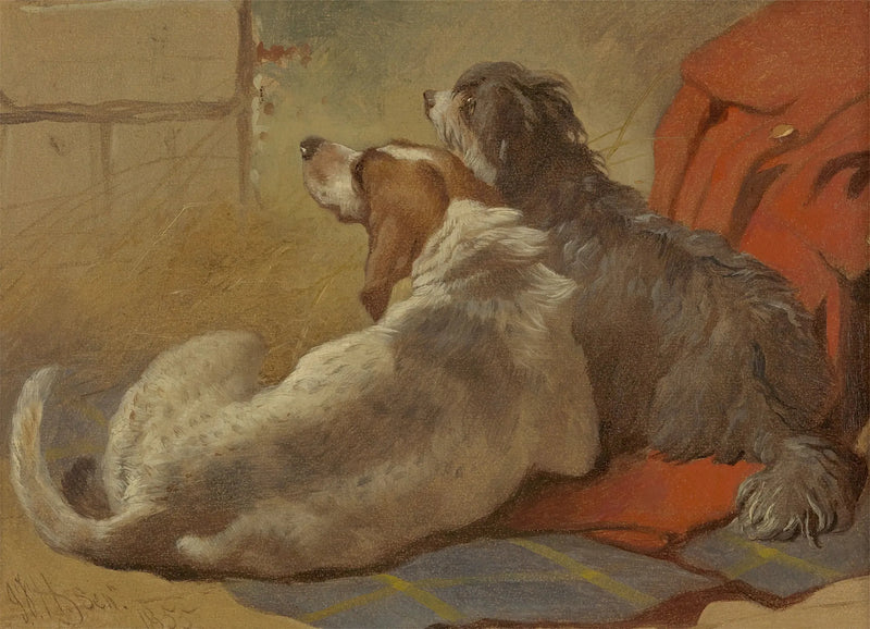 Metsäkoira ja parrakas collie istuvat metsästysviitan päällä - John Frederick Herring, Sr.