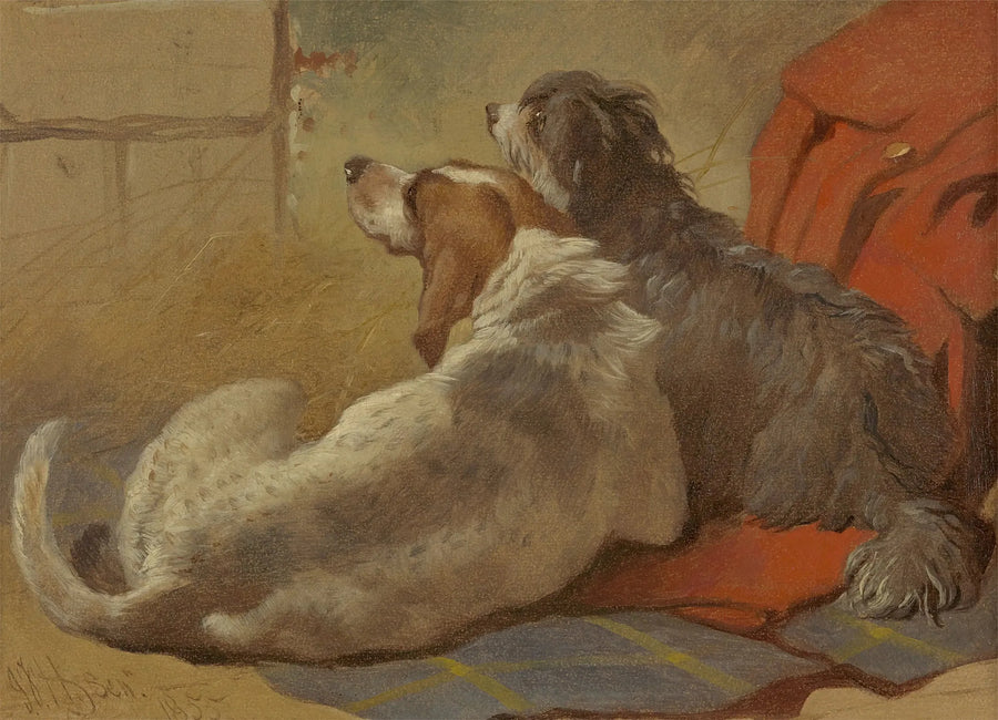 Metsäkoira ja parrakas collie istuvat metsästysviitan päällä - John Frederick Herring, Sr.