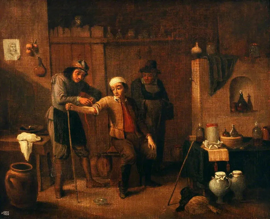 Kirurgi sitomassa käärettä miehen käsivarren ympärille - David Teniers nuorempi