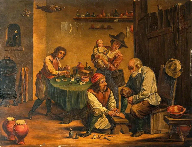 Kirurgi leikkaamassa miehen jalkaa - David Teniers nuorempi