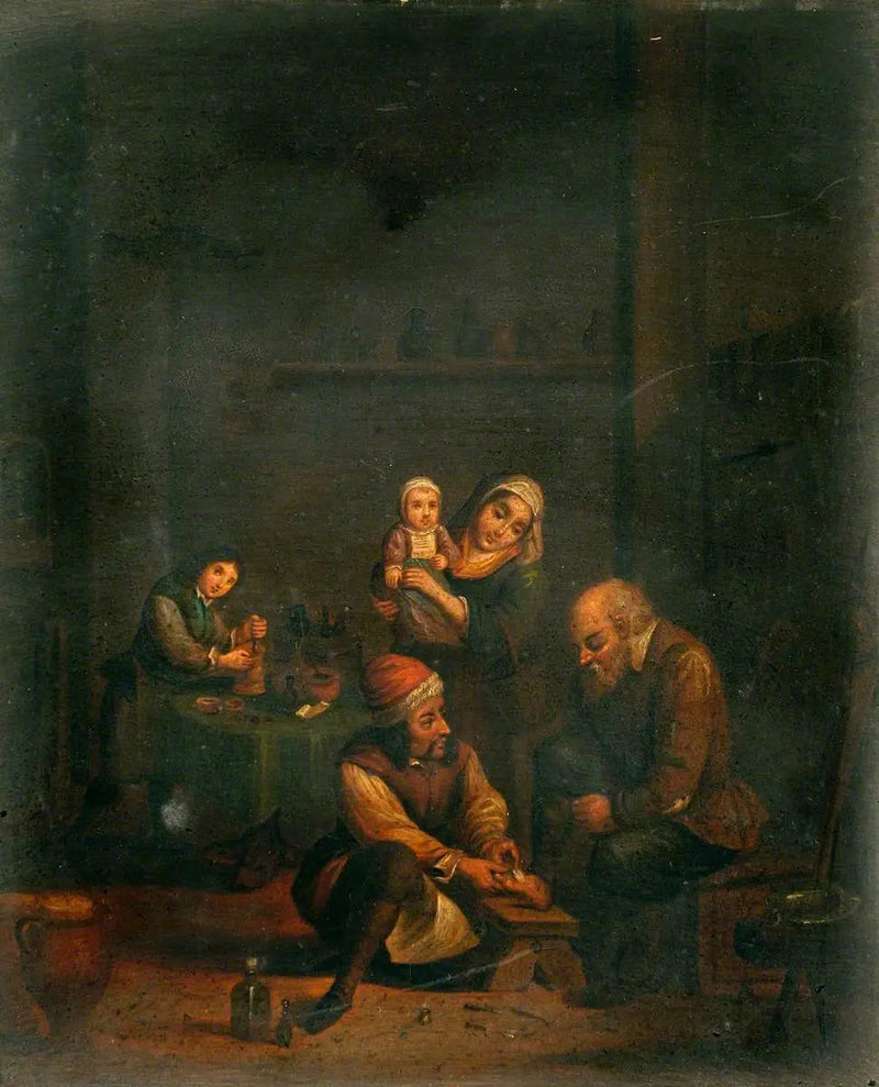 Kirurgi hoitamassa miehen jalkaa ja kolme muuta henkilöä - David Teniers nuorempi