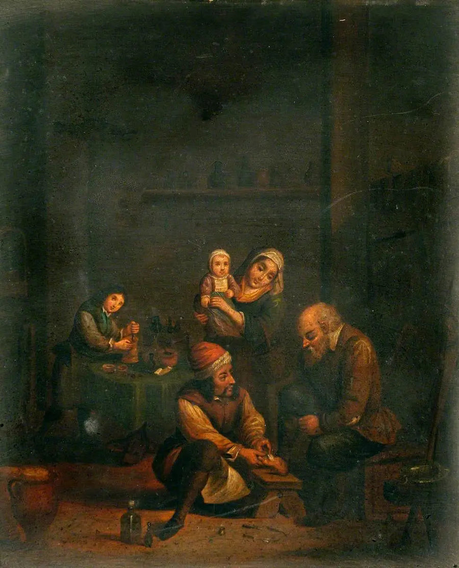 Kirurgi hoitamassa miehen jalkaa ja kolme muuta henkilöä - David Teniers nuorempi