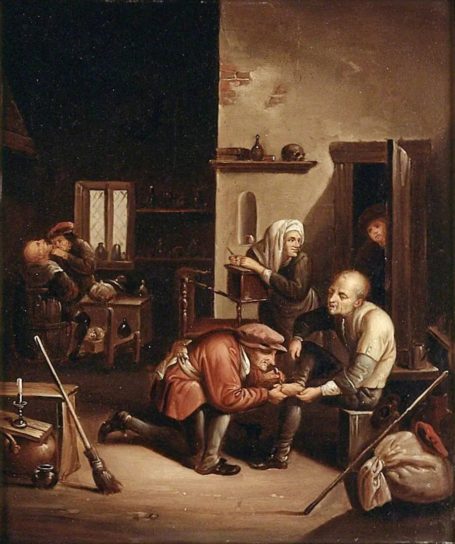 Kirurgi hoitamassa potilaan jalkaa ja parturi ajamassa miestä - David Teniers nuorempi