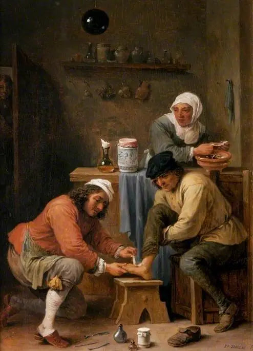 Leikkaus lääkäri hoitaa maanviljelijän jalkaa - David Teniers nuorempi