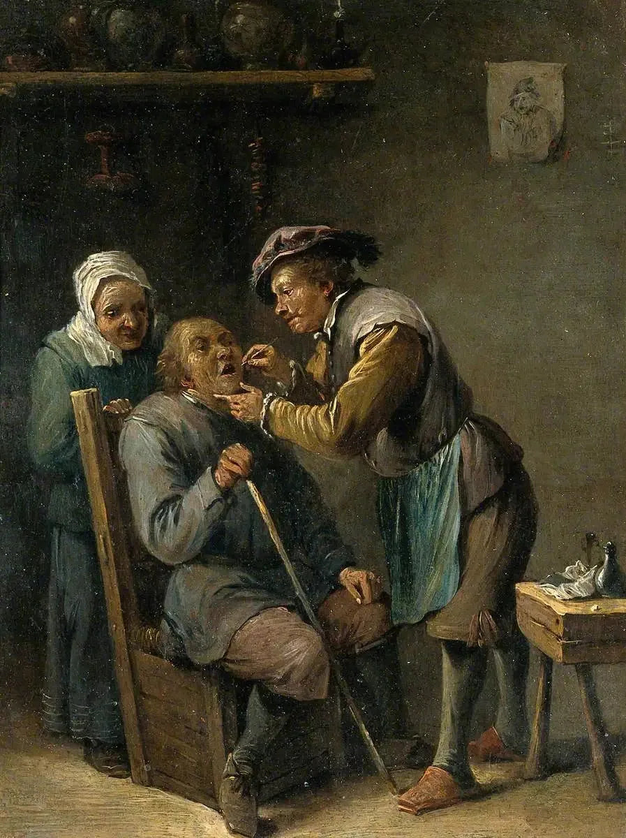 Hammaslääkäri hoitamassa miehen hampaita - David Teniers nuorempi