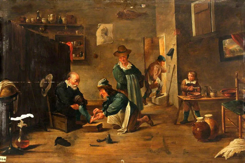 Kirurgi hoitaa miehen jalkaa kipsillä - David Teniers nuorempi
