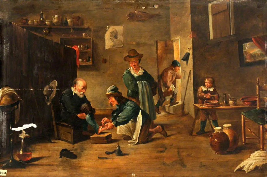 Kirurgi hoitaa miehen jalkaa kipsillä - David Teniers nuorempi