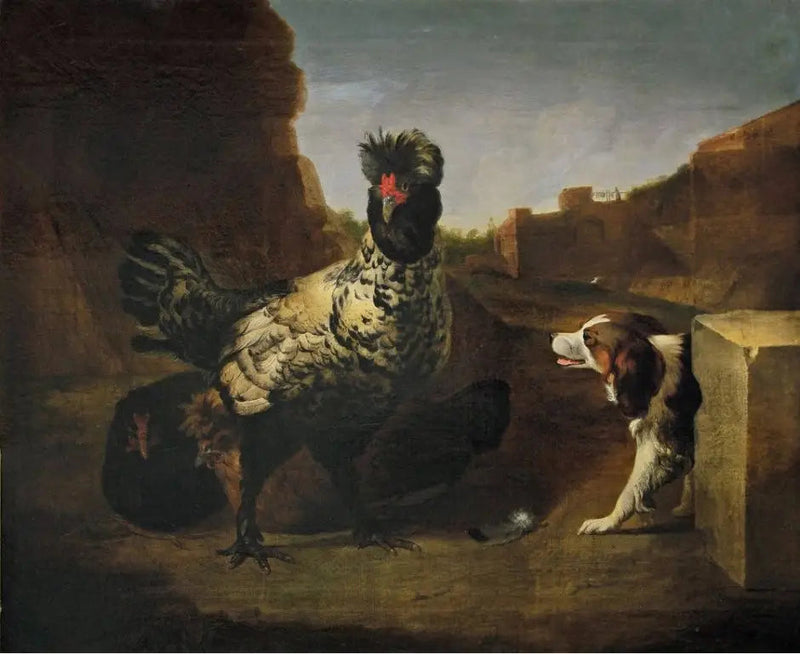 Kukko kanojen ja koiran kanssa - Melchior de Hondecoeter