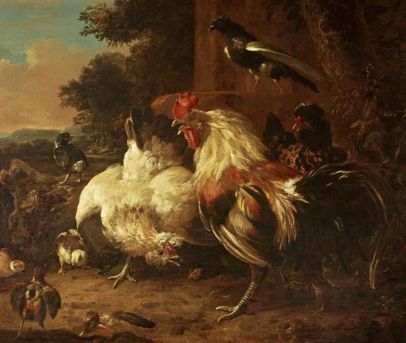 Kukko ja kaksi kanaa, poikasten kanssa, maisemassa - Melchior de Hondecoeter