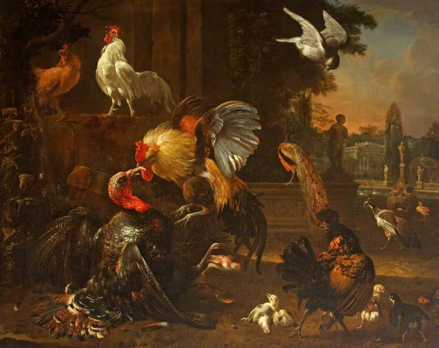 Kukko ja kalkkuna taistelevat puistossa muiden siipikarjan kanssa - Melchior de Hondecoeter