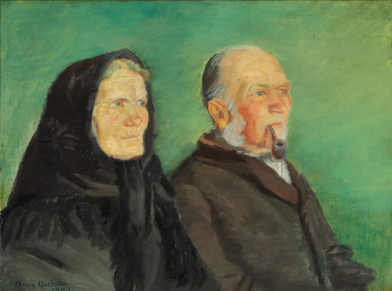 Skagenilainen pariskunta juhlii kultaista hääpäiväänsä vihreää taustaa vasten. - Anna Ancher