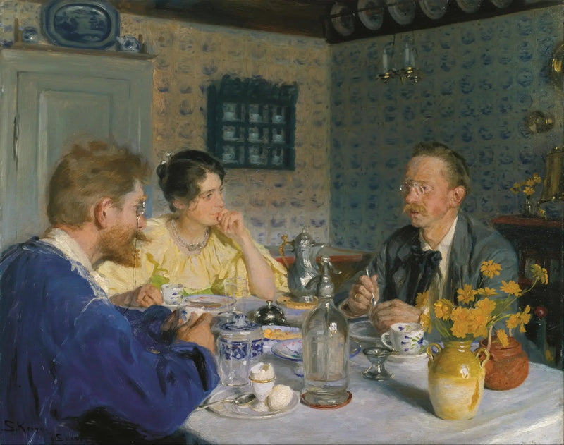 Aamiainen. Taiteilija, hänen vaimonsa ja kirjailija Otto Benzon - Peder Severin Krøyer