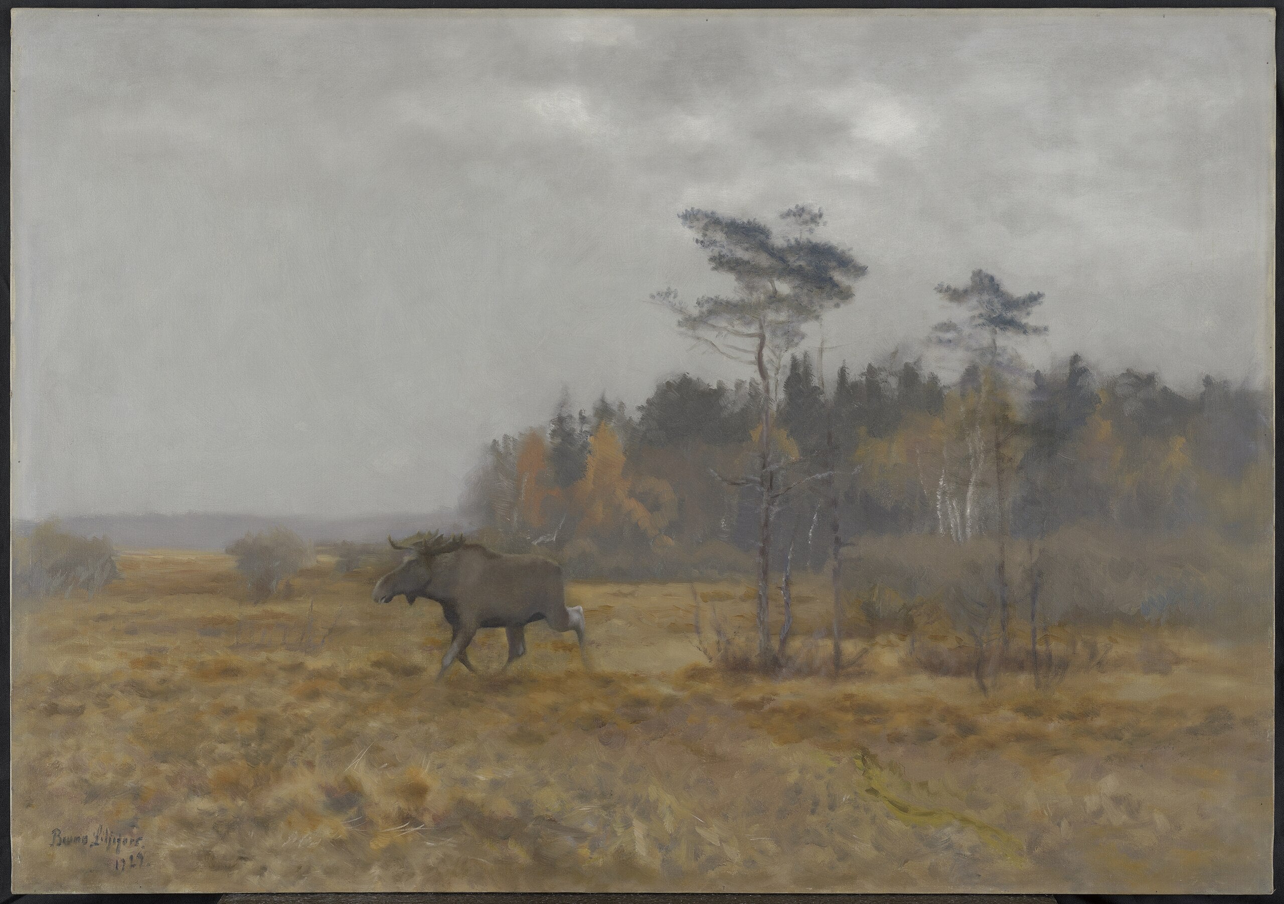 Un élan traversant un marais en Suède - Bruno Liljefors image 1 copie peinte à la main à l’huile