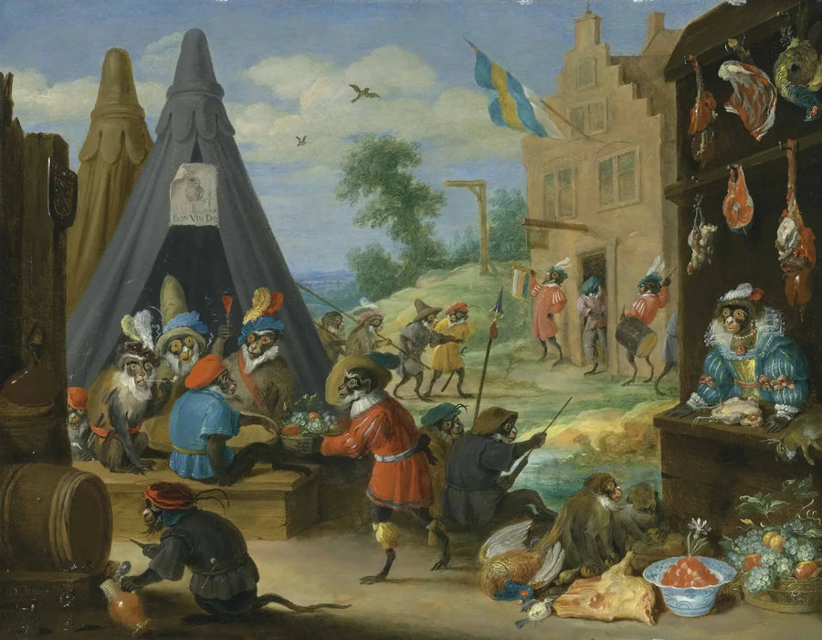 Apinan festivaali (apinat puvuissa sotilaiksi leirissä lähellä kaupunkia) - David Teniers nuorempi